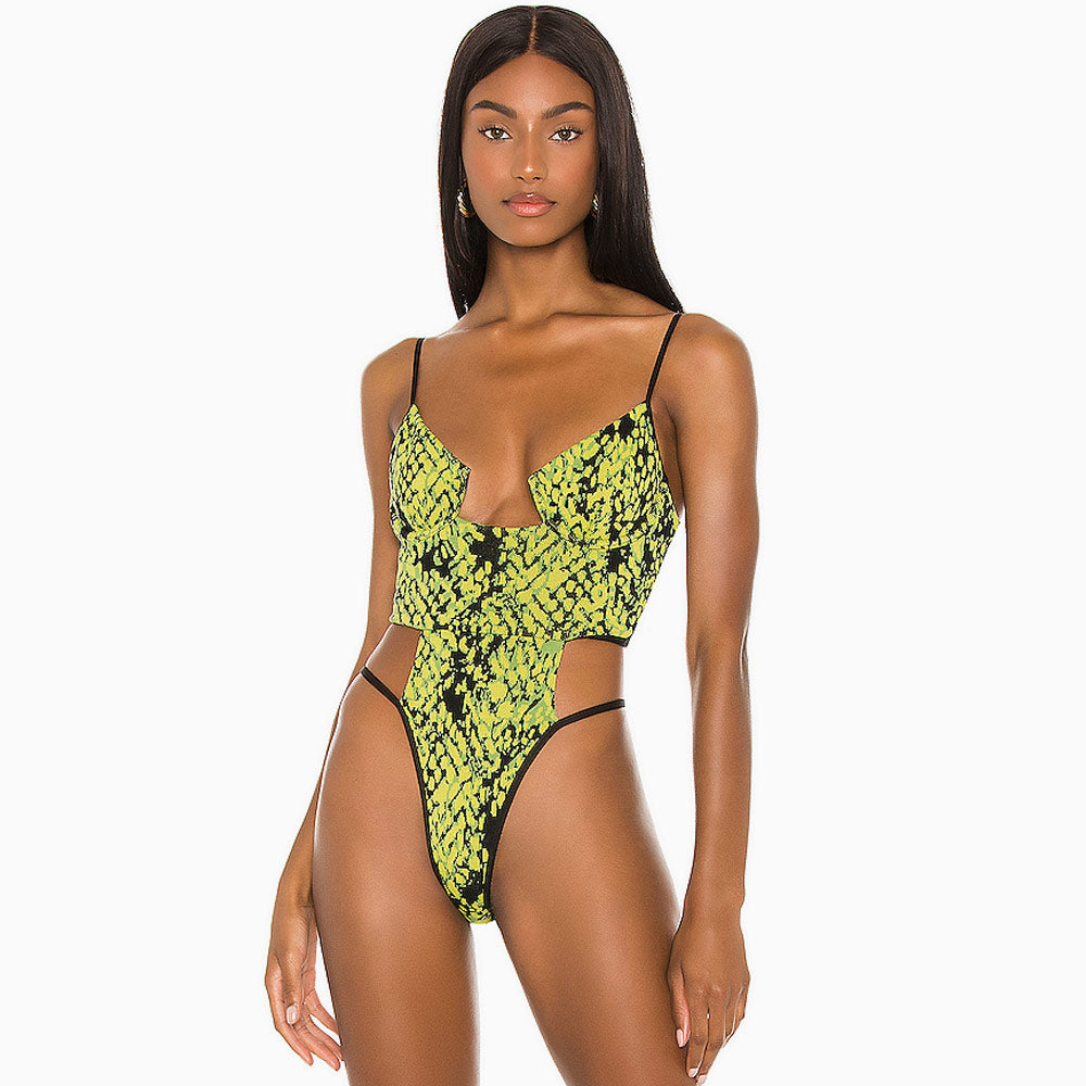 Attractive Snake Print Cutout String Underwire Brazilian One Piece Swimsuit