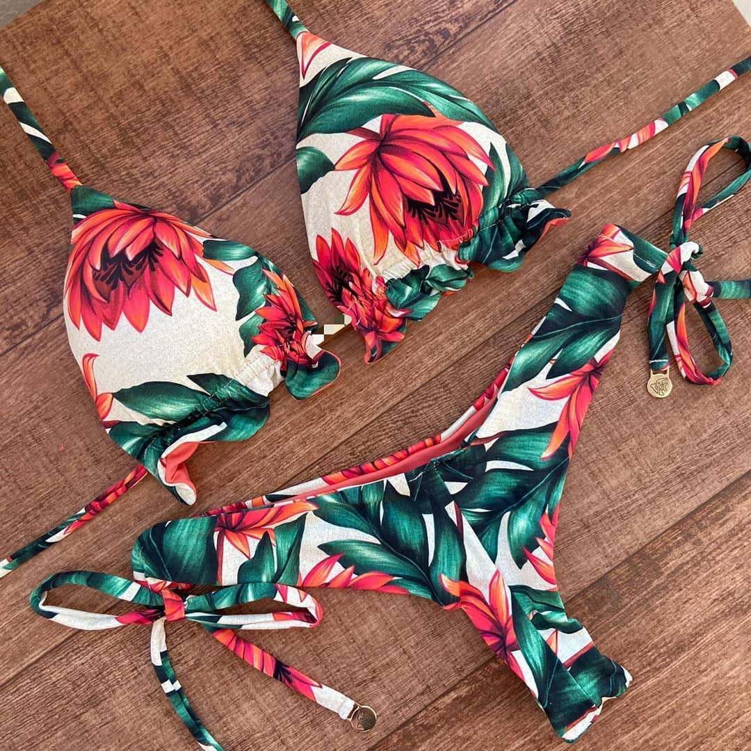 Personalized tropical print split bikini