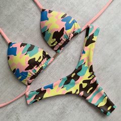 Personalized retro camouflage strap split bikini