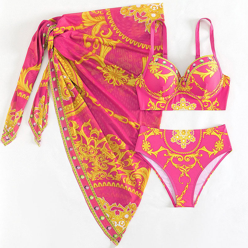 Traje de baño bikini brasileño de tres piezas con aros y cintura alta con diseño floral barroco