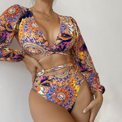 Baroque Print Cutout High Rise Wraparound Crop Brazilian Two Piece Bikini Swimsuit