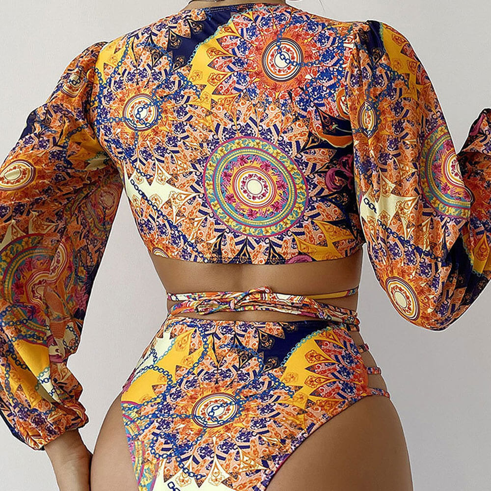 Traje de baño de bikini brasileño de dos piezas con corte alto, cruzado y estampado barroco