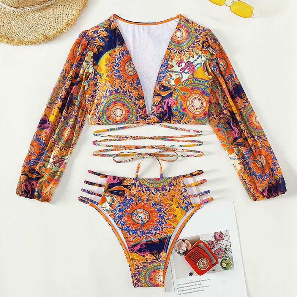 Baroque Print Cutout High Rise Wraparound Crop Brazilian Two Piece Bikini Swimsuit