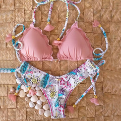 Bedruckter Bikini mit geteiltem Straps 