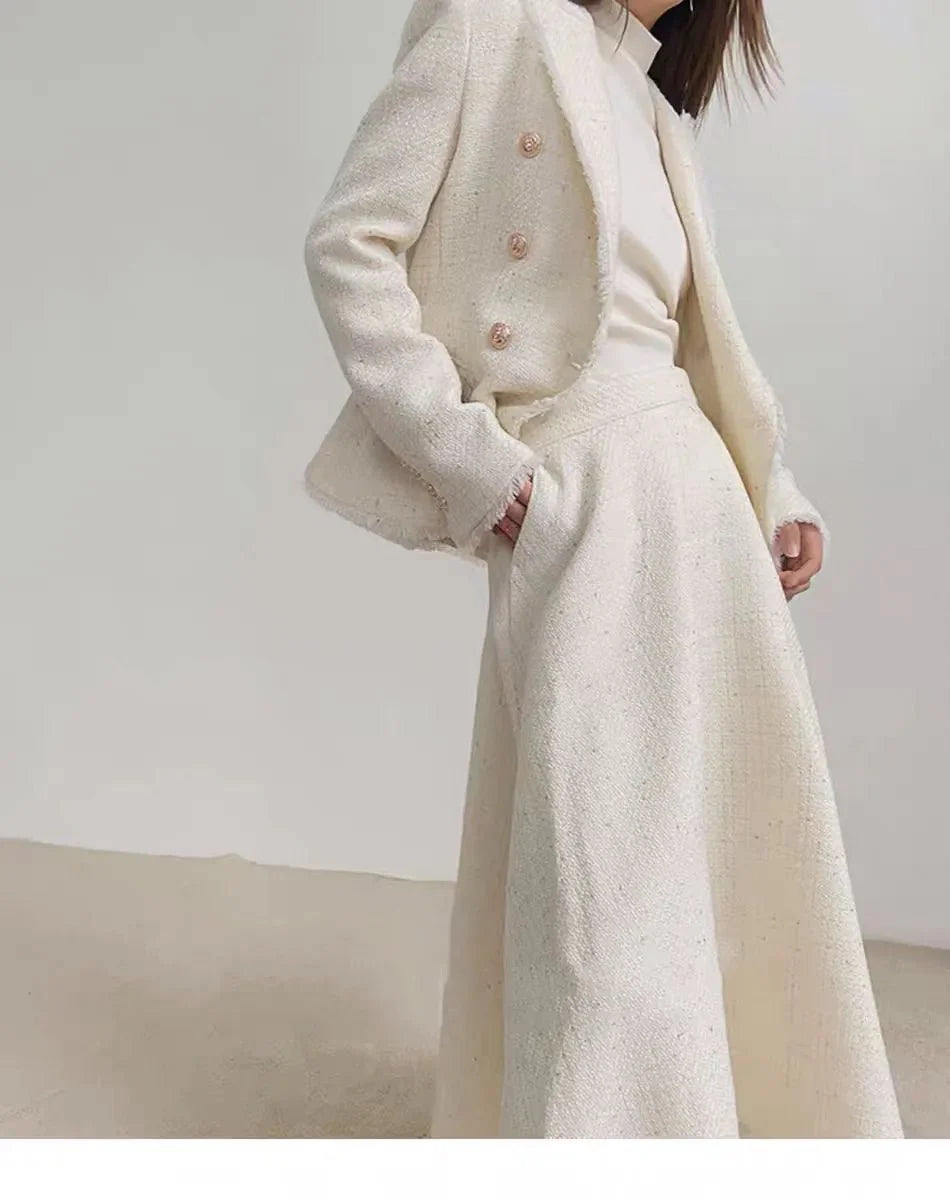 Beige Jacket + Skirt Set - Elegant Women's Autumn/Winter 2-Piece Suit