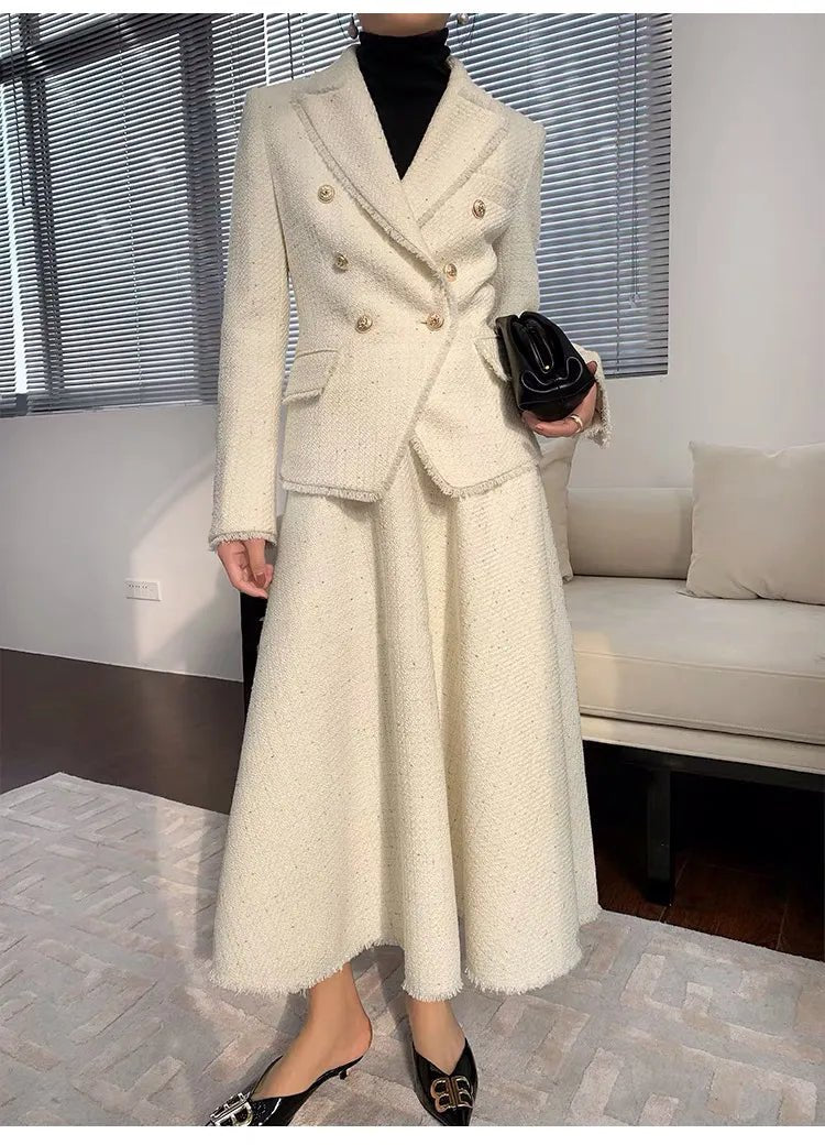 Beige Jacket + Skirt Set - Elegant Women's Autumn/Winter 2-Piece Suit