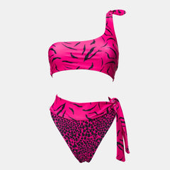 Traje de baño bikini brasileño de dos piezas con estampado de leopardo bicolor, cintura alta y un hombro