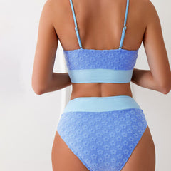 Traje de baño bikini brasileño de dos piezas con bralette de cintura alta y estampado floral flocado bicolor