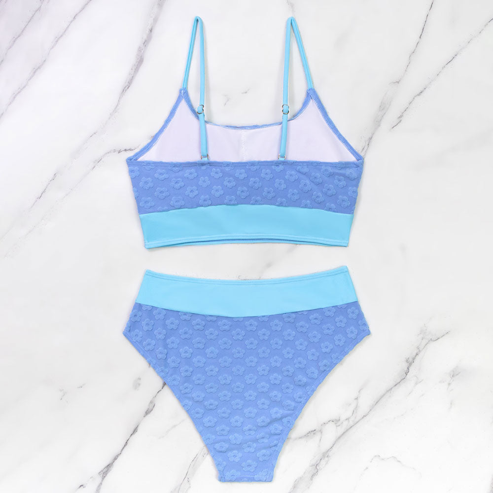 Traje de baño bikini brasileño de dos piezas con bralette de cintura alta y estampado floral flocado bicolor