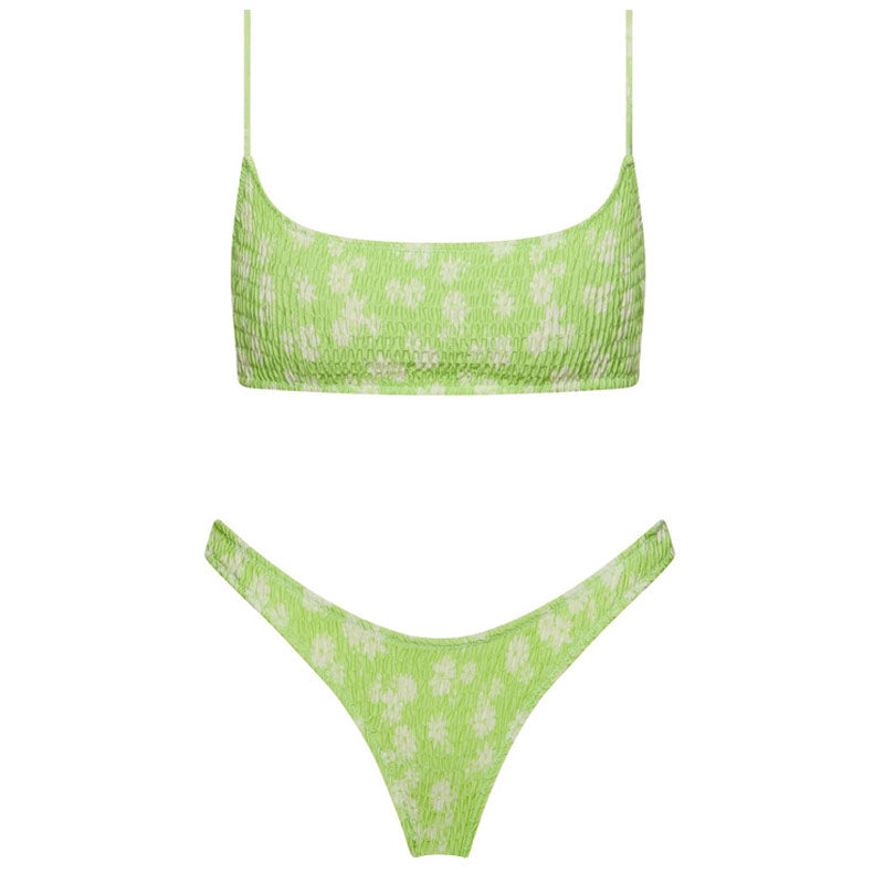 Zweifarbiger, geblümter, hoch geschnittener, geraffter Bralette-Bikini-Badeanzug aus brasilianischem Material