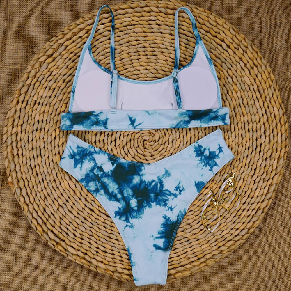 Traje de baño bikini brasileño de dos piezas con bralette de corte alto y teñido anudado bicolor