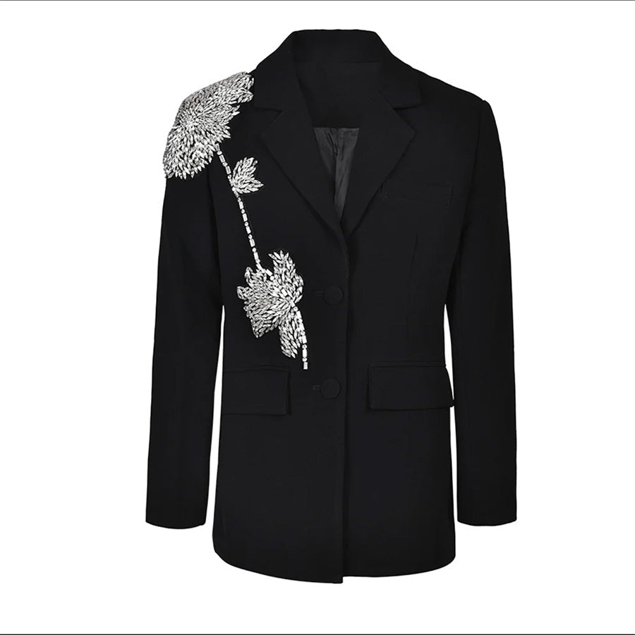 Blazer negro con flor de diamantes de imitación