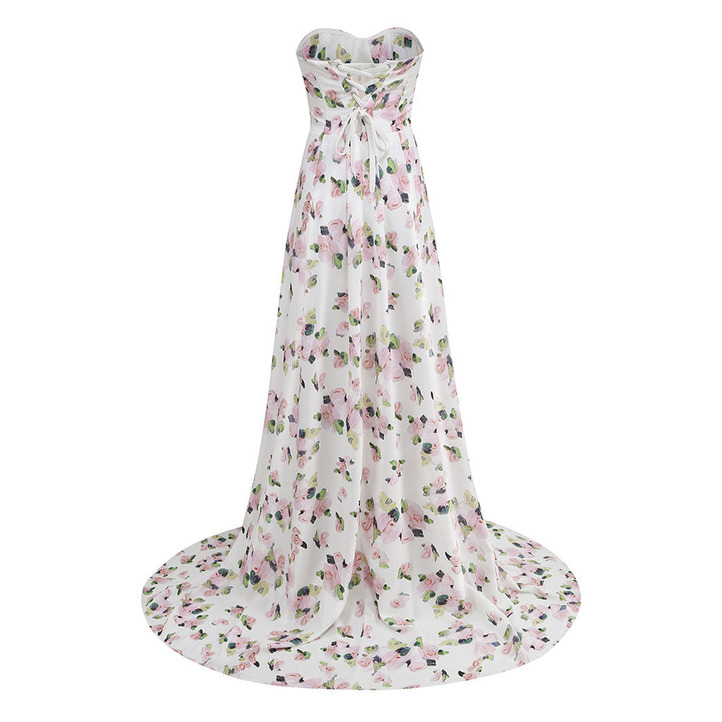 Bloom – Maxi-Abendkleid mit Blumenmuster und Herzausschnitt, Korsett, trägerlos, mit Schnürung und Schlitz