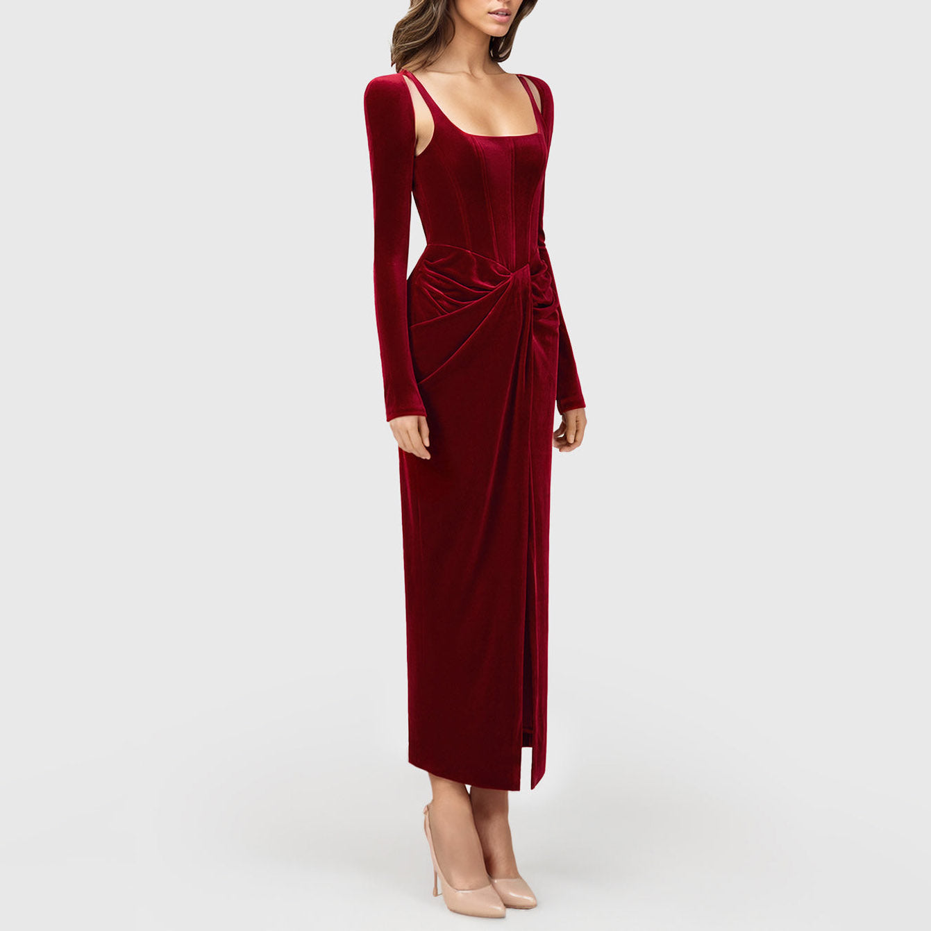 DARK RED MIDI DRESS with CORSET LONG SLEEVES and FRONT SLIT