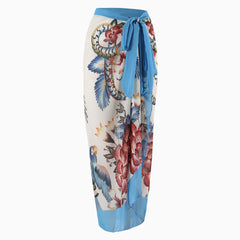 Bohemain Print High Waist Bow Tie Chiffon Maxi Wrap Sarong Cover Up