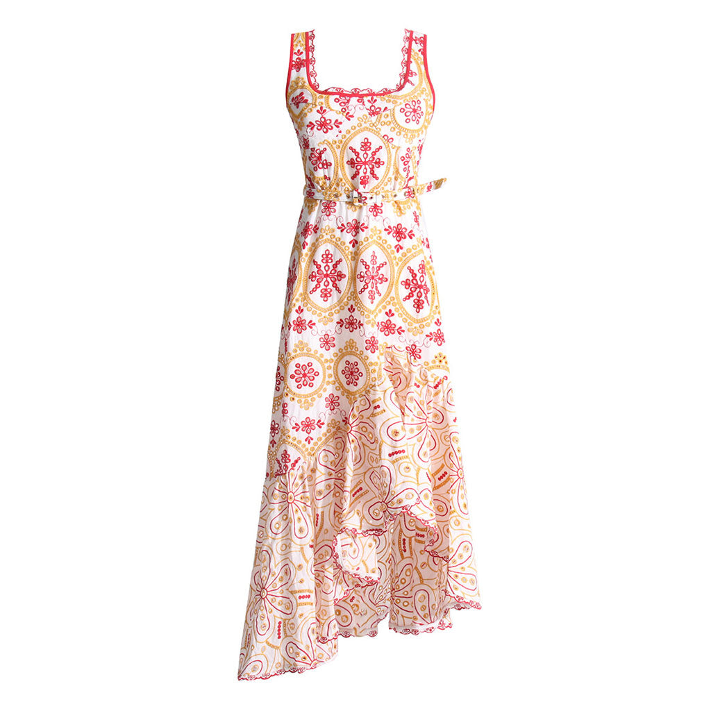 Bohemian Floral Broderie Anglaise Asymmetric Hem Square Neck Belted Midi Sundress