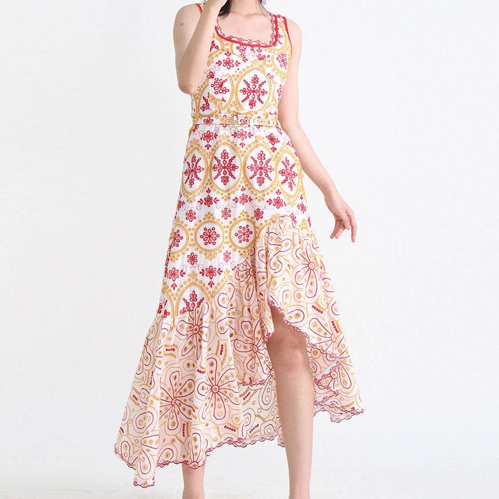 Bohemian Floral Broderie Anglaise Asymmetric Hem Square Neck Belted Midi Sundress