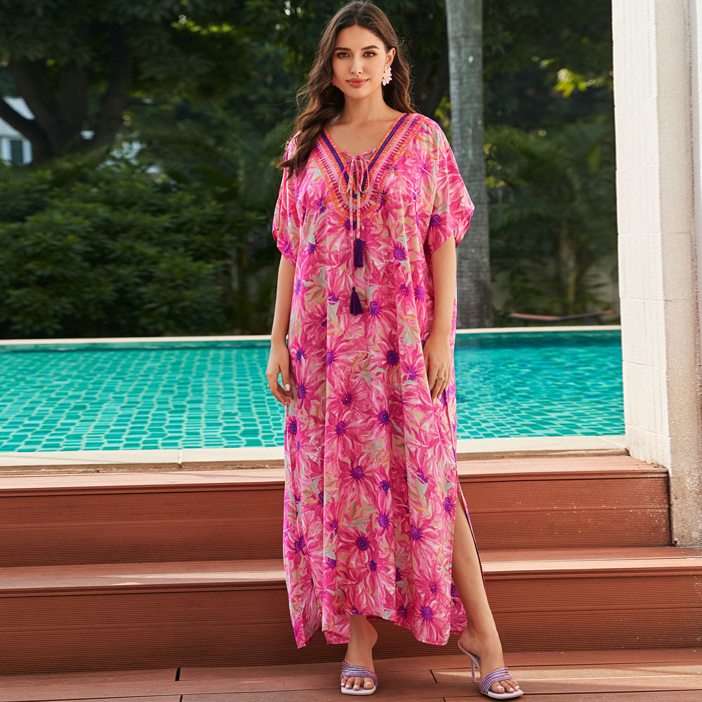 Bohemian Blumendruck Schnürung V-Ausschnitt Split Kaftan Strand Cover Up