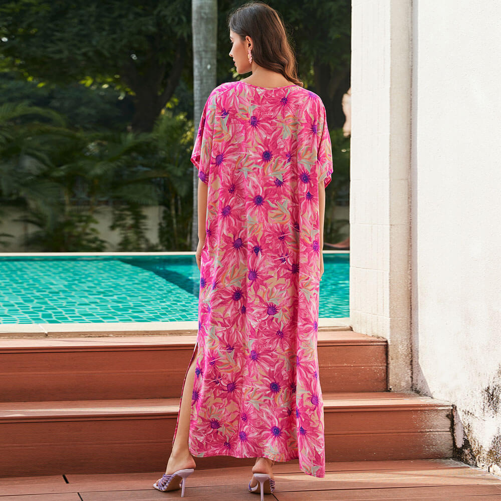 Vestido playero tipo caftán con cuello en V, abertura y encaje con estampado floral bohemio