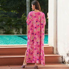 Bohemian Blumendruck Schnürung V-Ausschnitt Split Kaftan Strand Cover Up