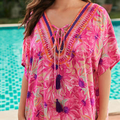 Bohemian Blumendruck Schnürung V-Ausschnitt Split Kaftan Strand Cover Up