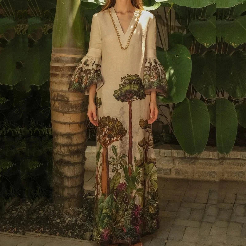 Bohemian Kleid mit V-Ausschnitt und ausgestellten Ärmeln