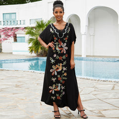 Boho Bird Embroidered Lace Up V Neck Brazilian Caftan Cover Up Maxi Dress