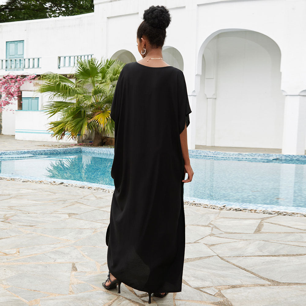 Boho-Maxikleid mit Vogelstickerei und Schnürung, V-Ausschnitt, brasilianischer Kaftan