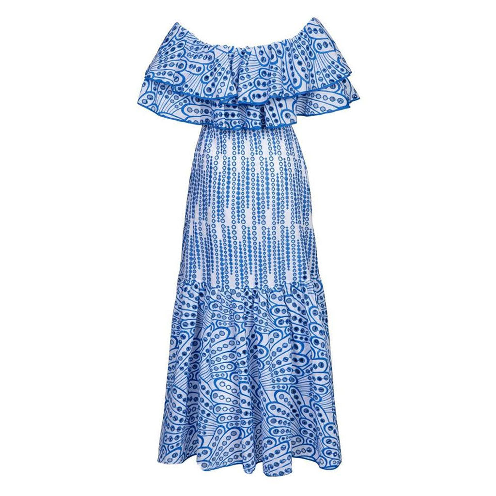 Boho-Maxikleid mit schulterfreiem Schnitt, Lochstickerei und Rüschen