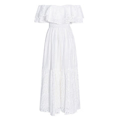 Boho Broderie Anglaise Off the Shoulder Shirred Ruffled Tiered Maxi Dress