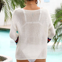 Boho Chic Color Block Bell Sleeve Crochet Brazilian Beach Cover Up Top