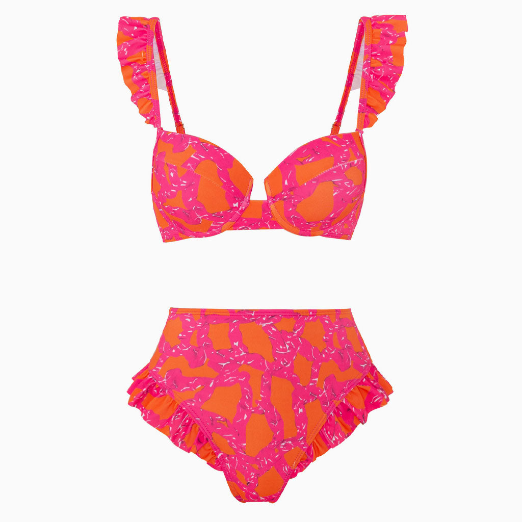 Boho-Bikini-Set mit mittelhoher Taille, gerüschtem Besatz und kontrastierendem Druck und Bügel