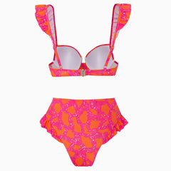 Boho-Bikini-Set mit mittelhoher Taille, gerüschtem Besatz und kontrastierendem Druck und Bügel