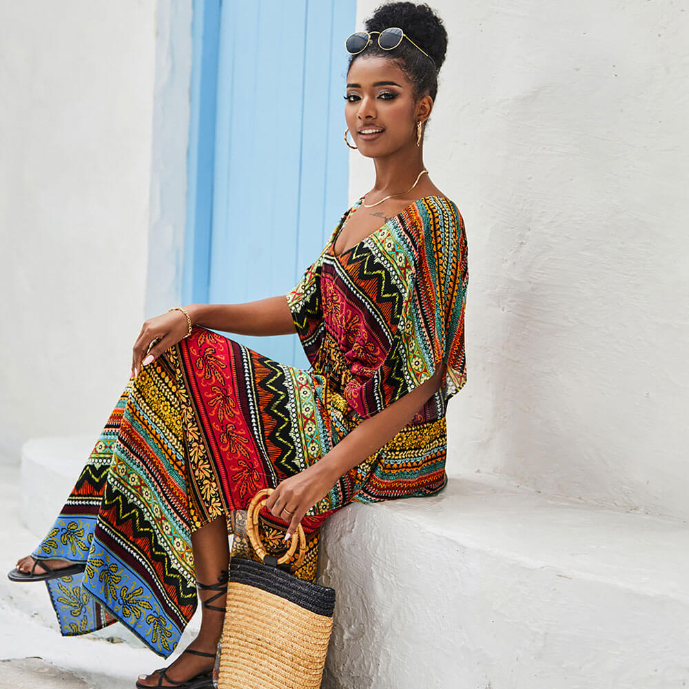 Boho Ethno Blumendruck Seitlich geschlitztes übergroßes brasilianisches Kaftan-Überzug-Maxikleid