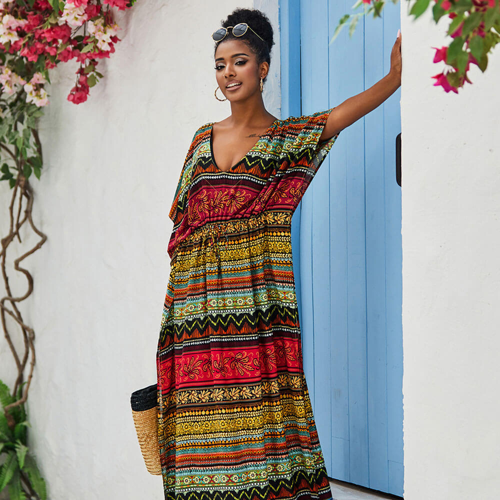 Boho Ethno Blumendruck Seitlich geschlitztes übergroßes brasilianisches Kaftan-Überzug-Maxikleid