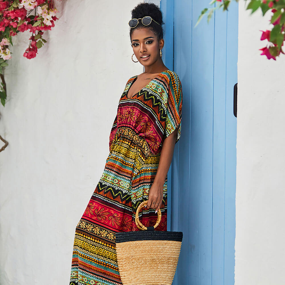 Vestido largo estilo caftán brasileño de gran tamaño con abertura lateral y estampado floral étnico bohemio