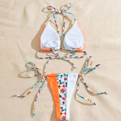 Boho Floral Color Panel Tie String Cheeky Slide Triangle Brazilian Two Piece Bikini Swimsuit