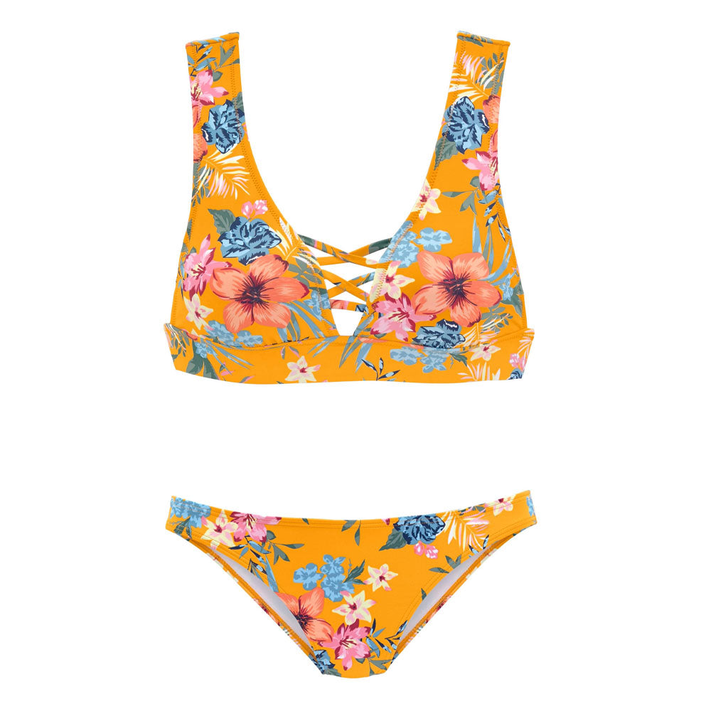 Traje de baño de bikini brasileño de dos piezas con cuello en V entrecruzado y estampado floral bohemio