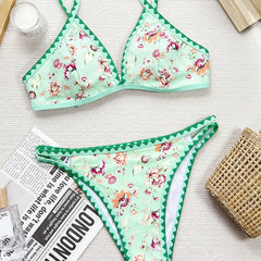 Traje de baño bikini brasileño de dos piezas con diseño de triángulos recortados y estampado floral estilo bohemio de crochet