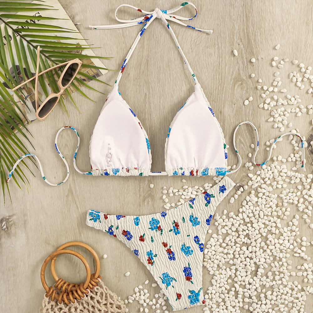 Boho Blumenmuster Hochgeschlossen Frech Gerafftes Dreieck Brasilianischer Zweiteiliger Bikini Badeanzug