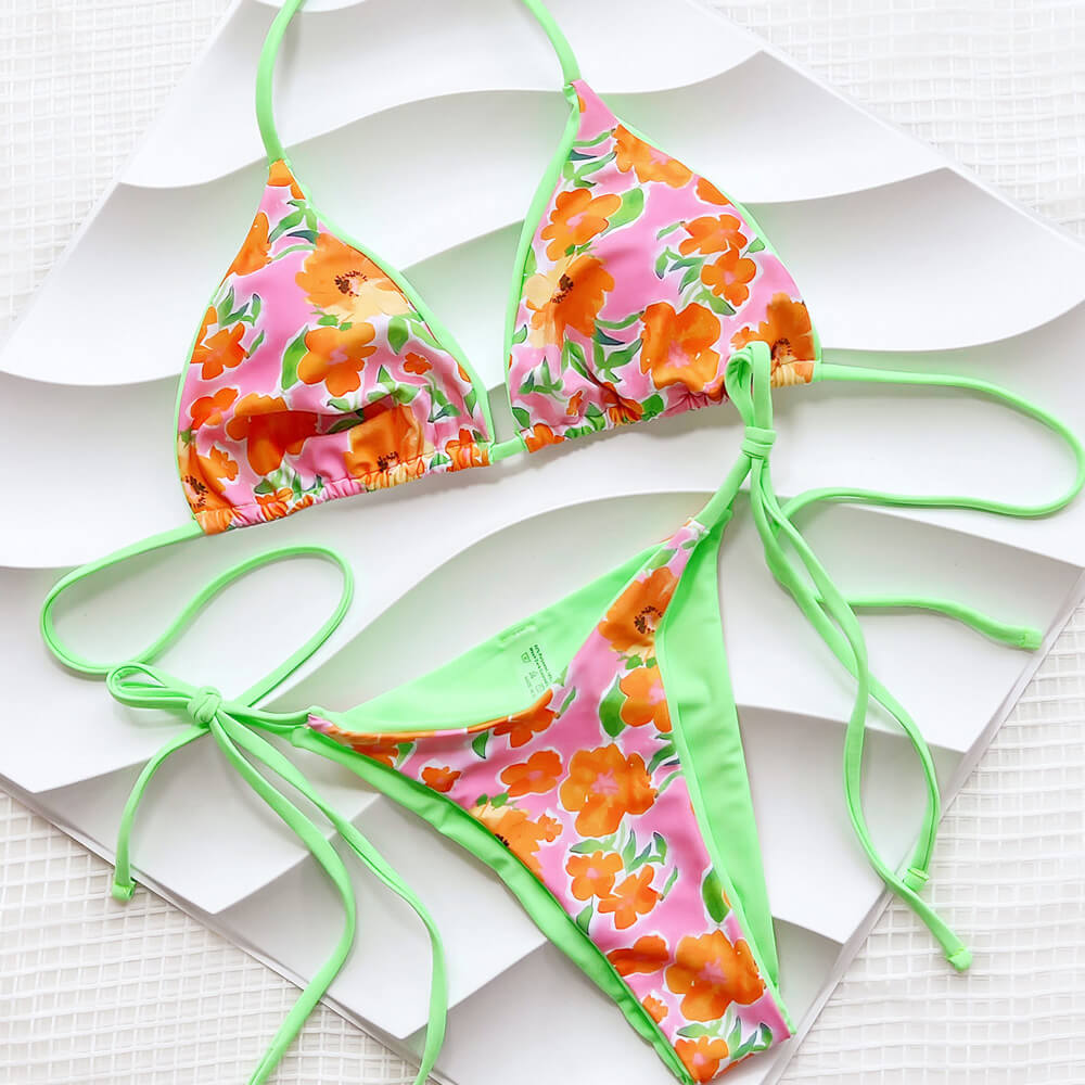 Boho Floral Neon Tie Side Cheeky Triangle Brasilianischer Zweiteiler Bikini Badeanzug