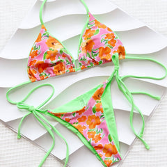 Boho Floral Neon Tie Side Cheeky Triangle Brasilianischer Zweiteiler Bikini Badeanzug