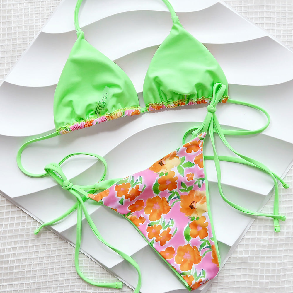 Boho Floral Neon Tie Side Cheeky Triangle Brazilian Two Piece Bikini Swimsuit