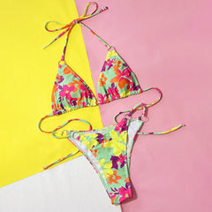 Boho Floral O Ring String Cheeky Triangle Brasilianischer Zweiteiler Bikini Badeanzug