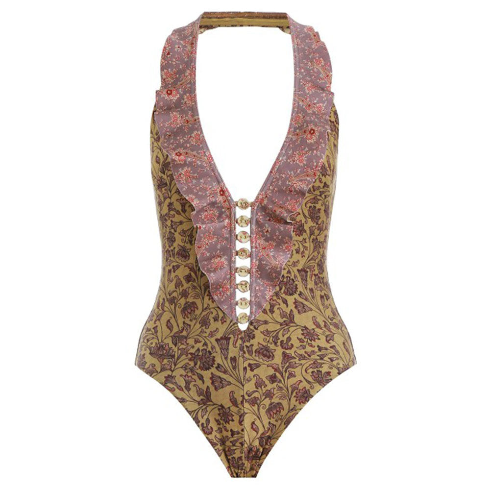 Traje de baño brasileño de una pieza con cuello halter, escote en V profundo y volantes con estampado floral bohemio