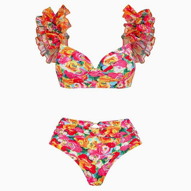 Bikini-Set mit gerüschtem Bügel und mittlerer Taille im Boho-Stil mit Blumenmuster und moderaten Rüschen