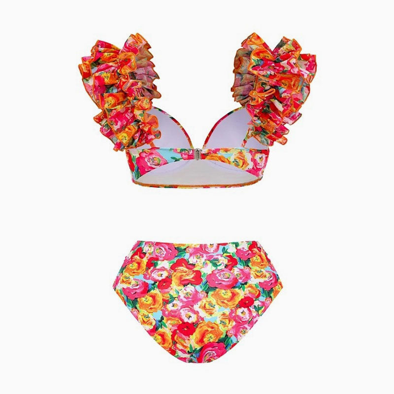 Conjunto de bikini con aros, cintura media fruncida, volantes moderados y estampado floral bohemio