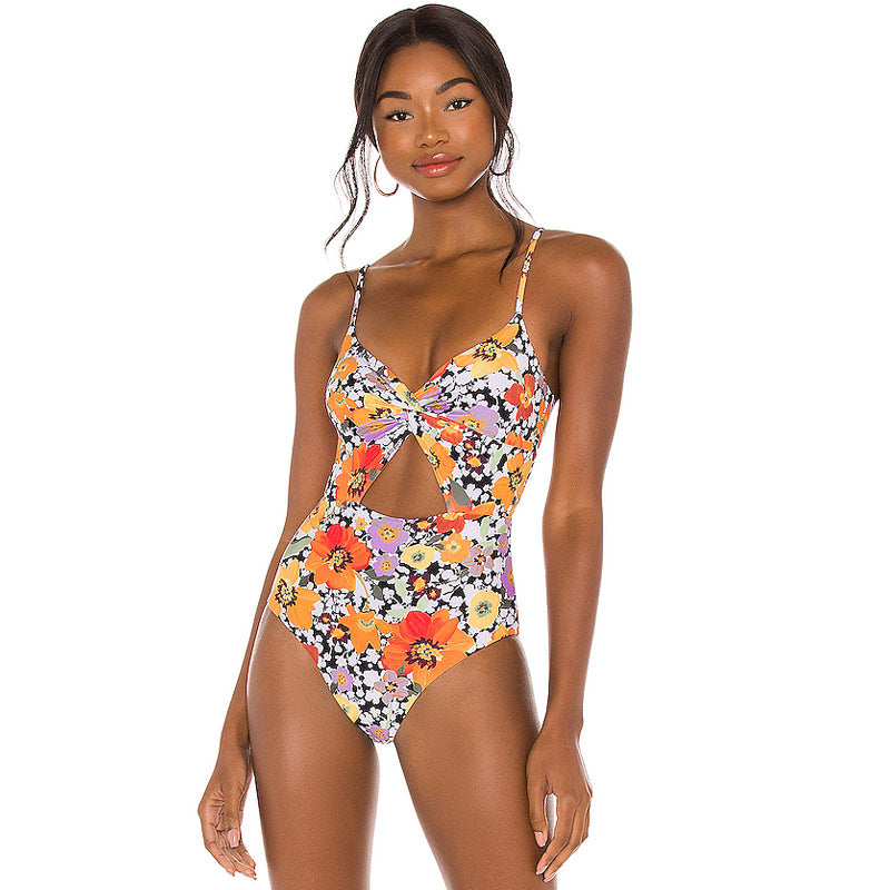 Boho Floral Print Twist Front Cutout V Neck Brazilian One Piece Swimsuit