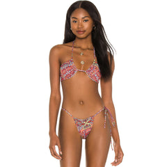 Traje de baño de dos piezas estilo bikini brasileño con cuello halter y fruncido con estampado floral estilo bohemio