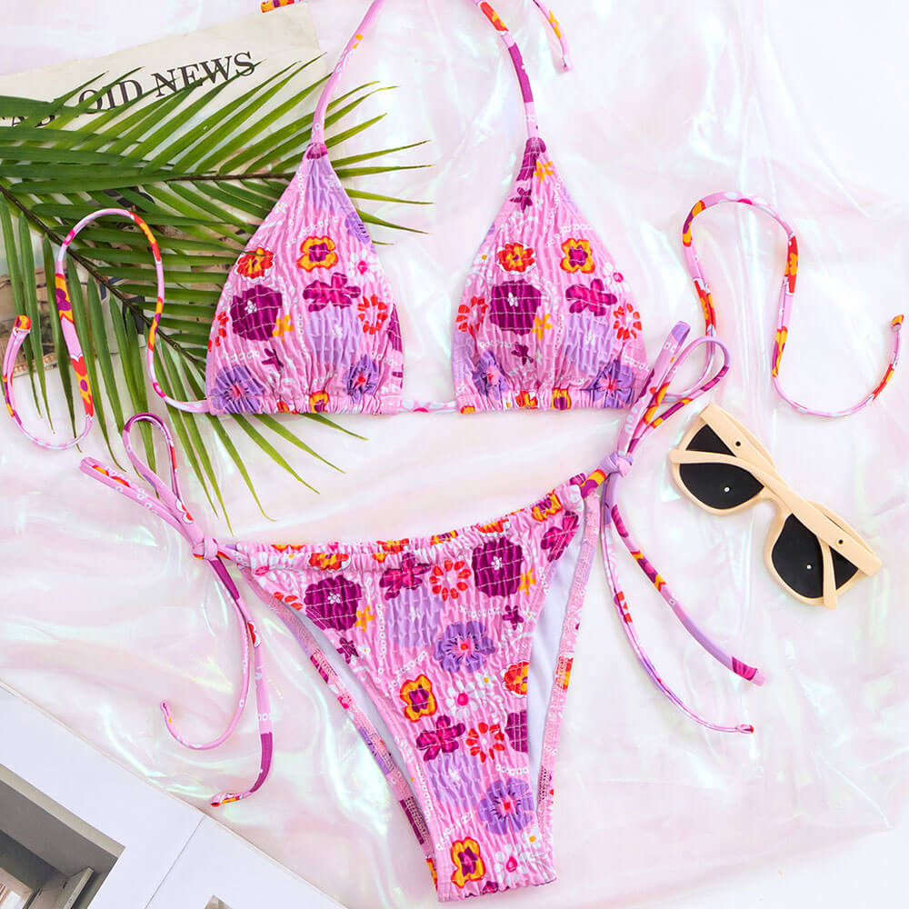 Boho Floral Tie Side Cheeky Popcorn Slide Triangle Brasilianischer Zweiteiler Bikini Badeanzug